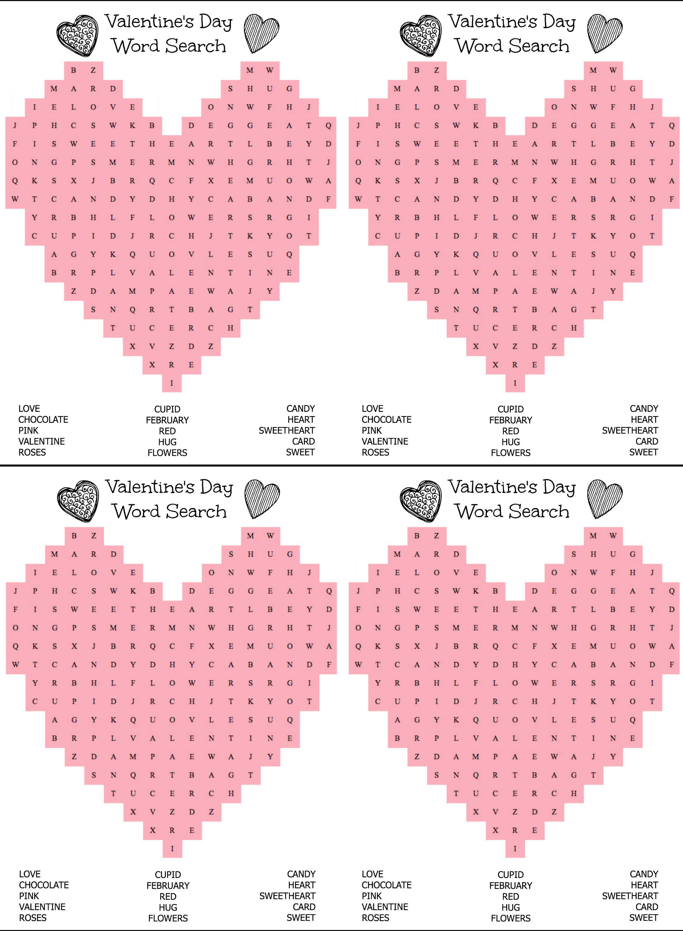 free printable heart shaped valentine's day word search for kids